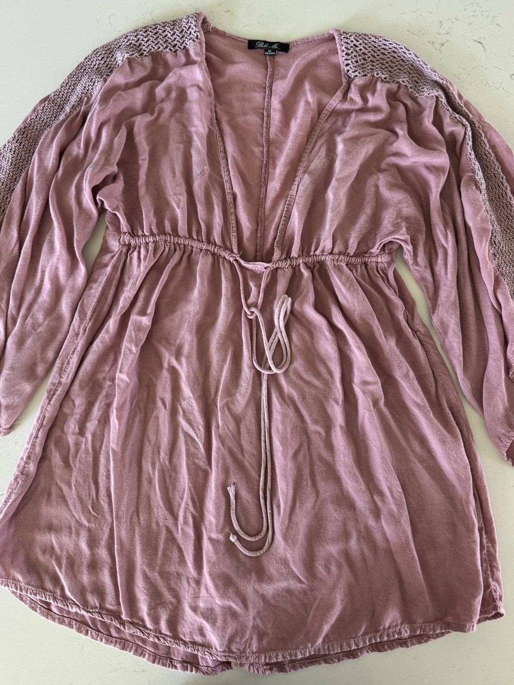 boho me  Dusty Rose Crochet-Shoulder Tie-Waist Tunic